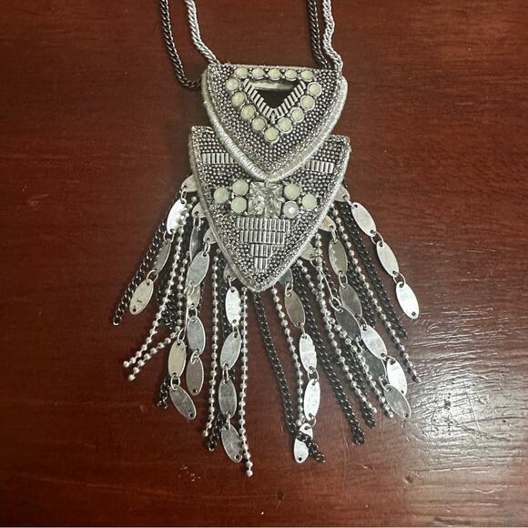 Stella & Dot Chiara Pendant Necklace Coastal Cowgirl Silver Fringe White Leather - Picture 9 of 11